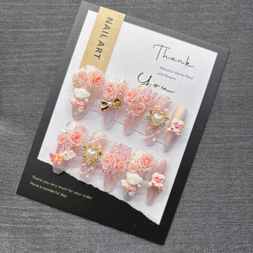 Qfdian Sweet Princess Romantic Press on Nail Light Pink Glitter with Butterfly Bear Charm Cute Fake Nails for Date Night Snug No Damage